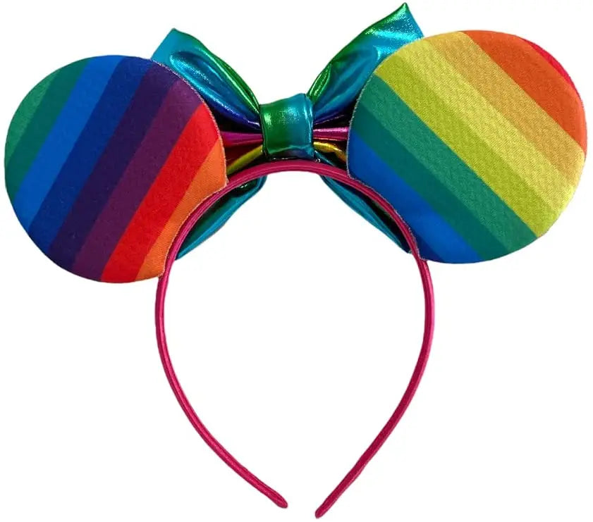 Rainbow Swirl Minnie Mouse Inspired Alice Headband With Metallic 5" Bow - Lilium Kids