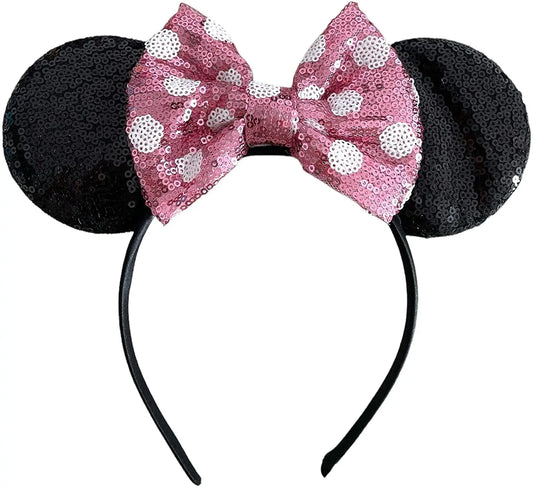 Sequin Minnie Mouse Inspired Alice Headband With Big Pink 5" Bow