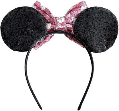 Sequin Minnie Mouse Inspired Alice Headband With Big Pink 5" Bow